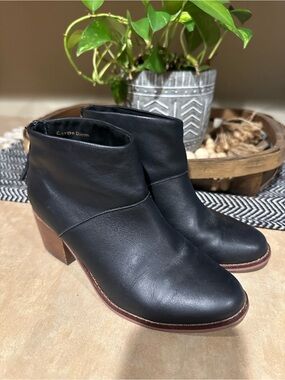 Toms Black Leather Ankle Booties with Stacked Wood Heel